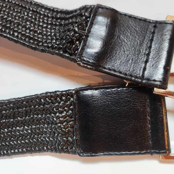 Ladies Black Jute Cotton Stretch LEATHER Belt LION FACE Shiny Buckle Size M/L - Picture 5 of 11